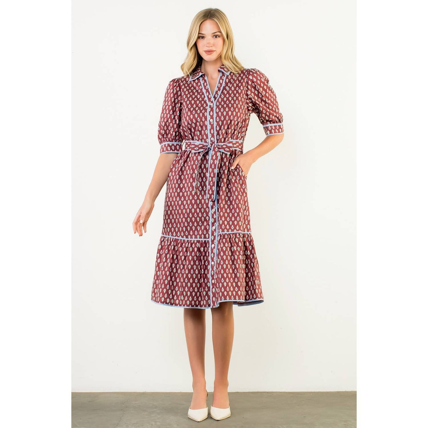 Puff Sleeve Print Midi Dress