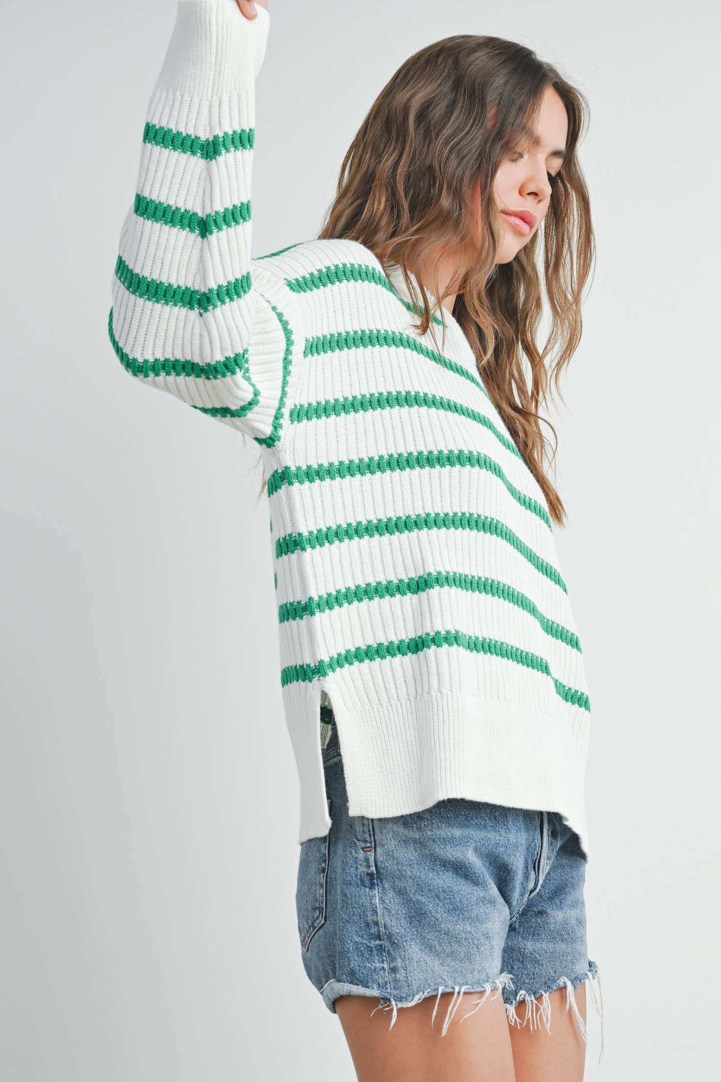 Boat Neck Striped Knit Sweater- Green