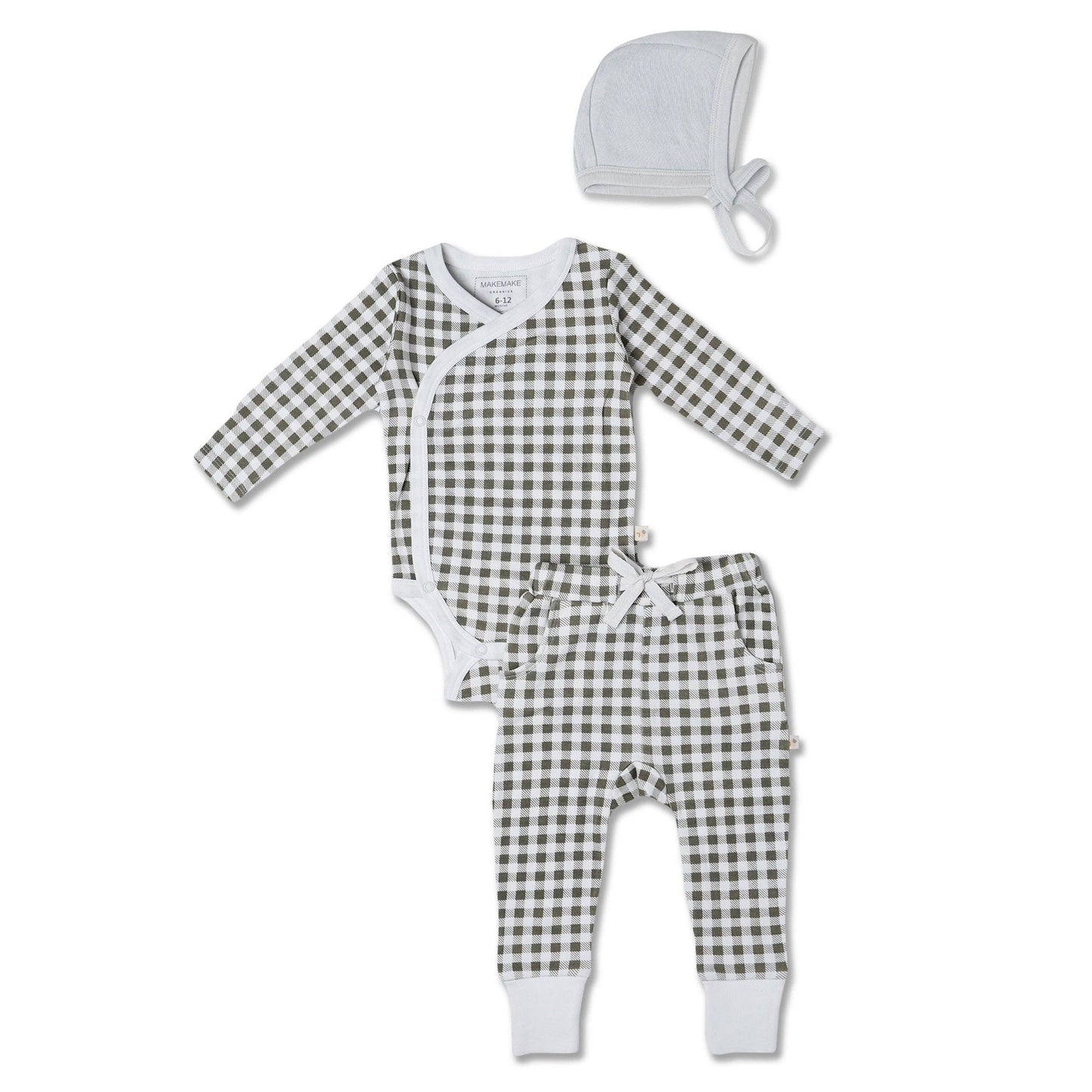 Organic Kimono Onesie & Pants Set - Olive Gingham