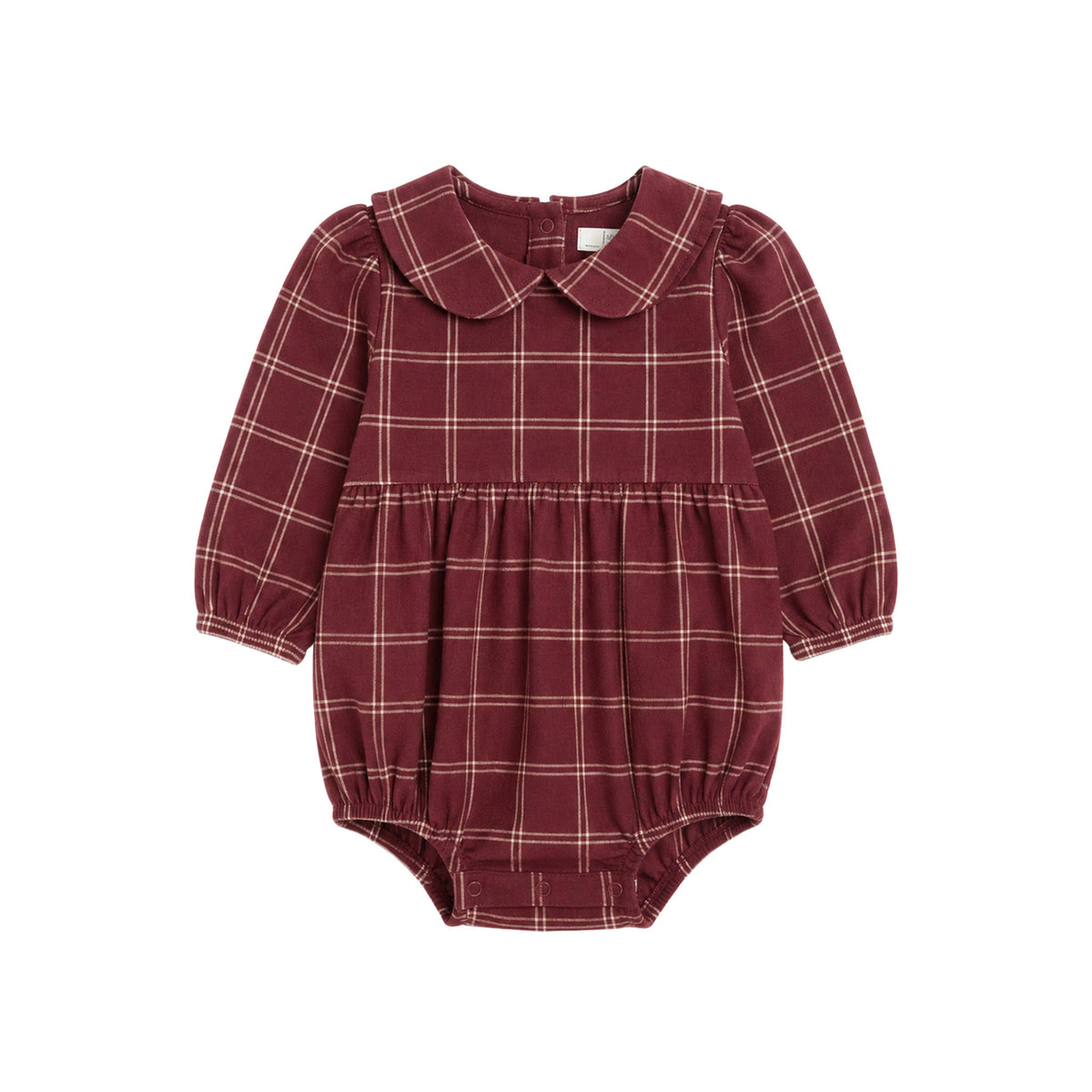 Myra Flannel Long Sleeve Peter Pan Collar Bubble Romper - Pomegranate Plaid