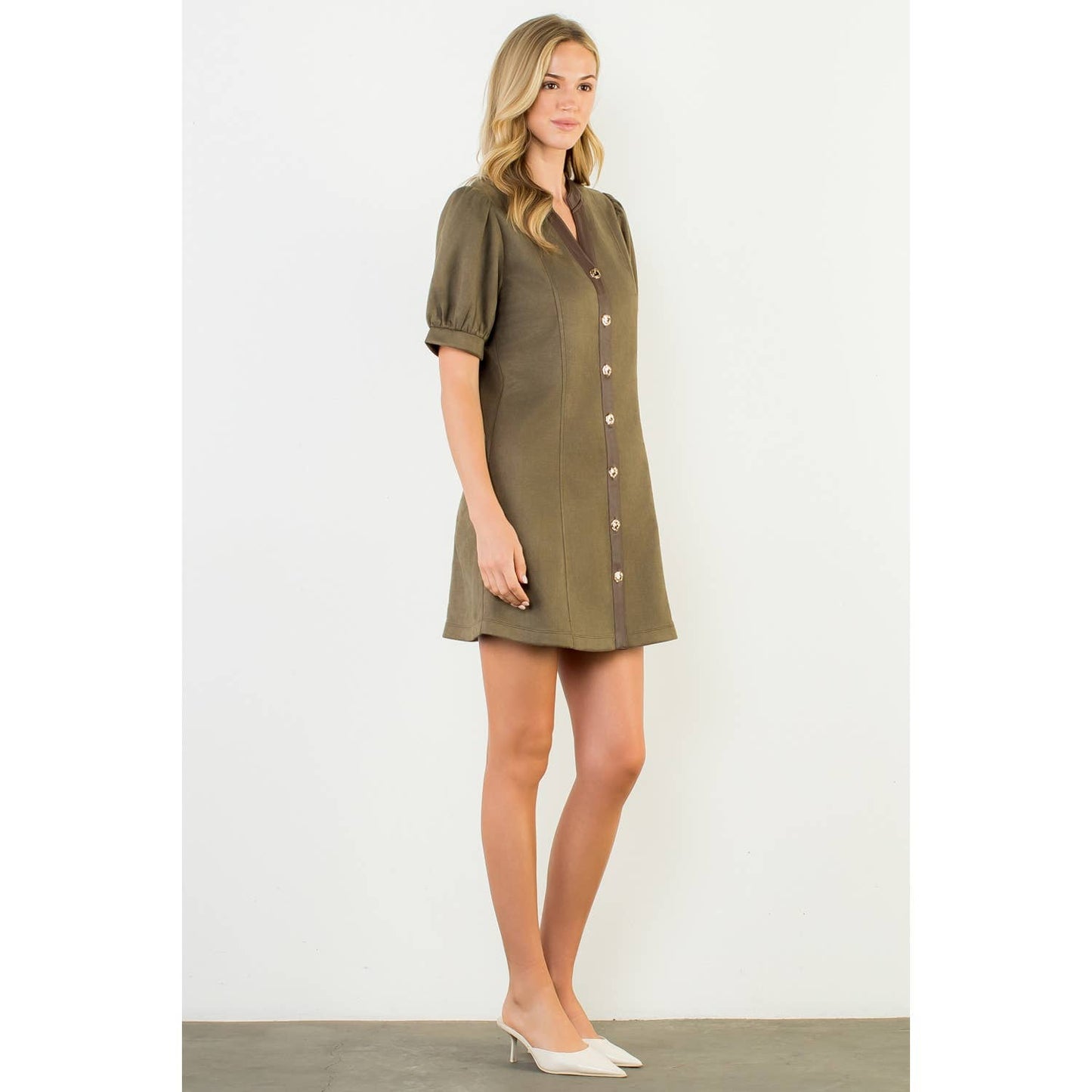 Puff Sleeve V-Neck Button Up Suede Dress