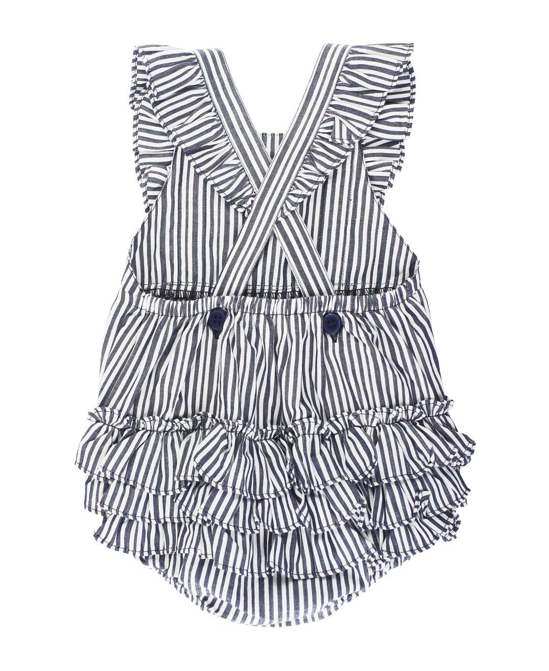 Baby Girls Navy Micro Stripe Woven Pinafore Cross-Back Bubble Romper