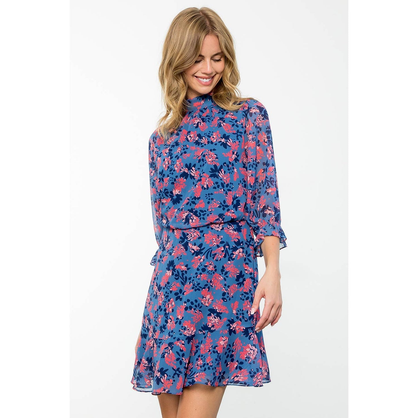 Blue Flower Print Flutter Sleeve Dress