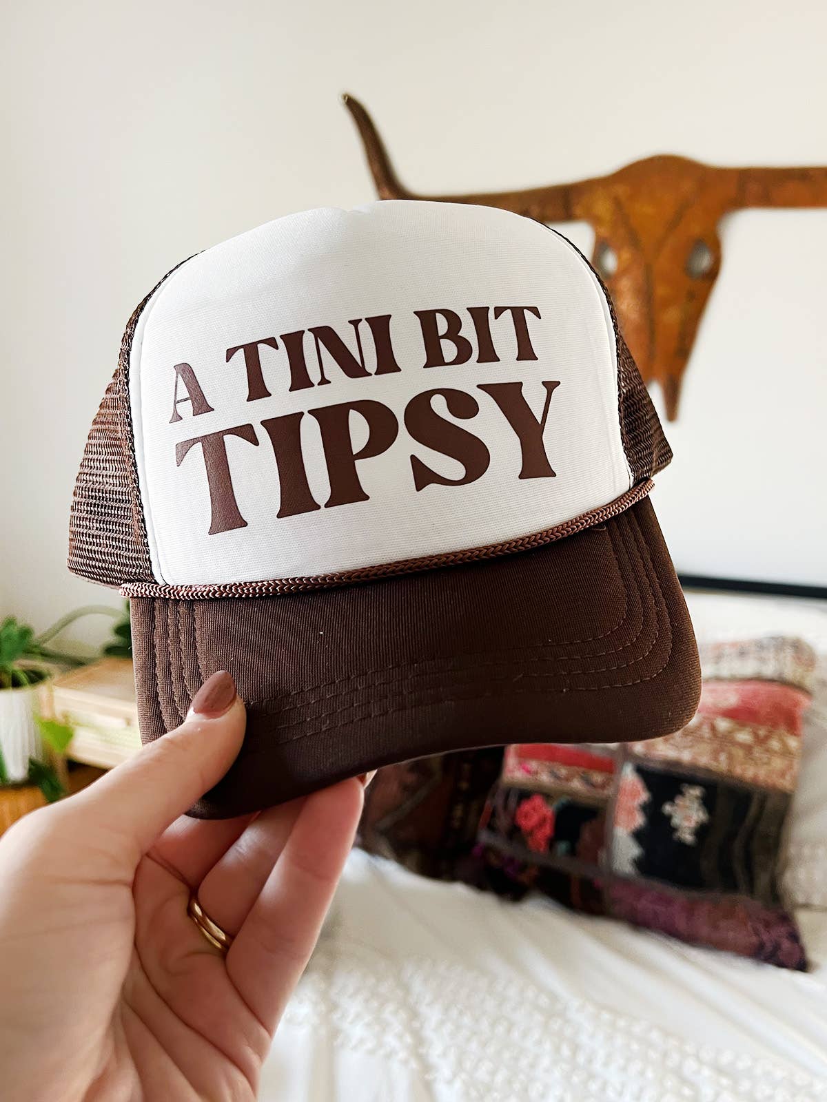 Brown & White "A Tini Bit Tipsy" Trucker Hat