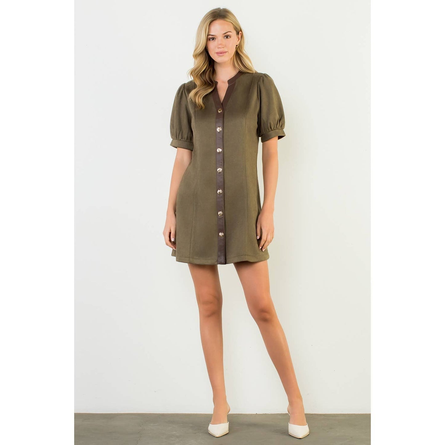 Puff Sleeve V-Neck Button Up Suede Dress