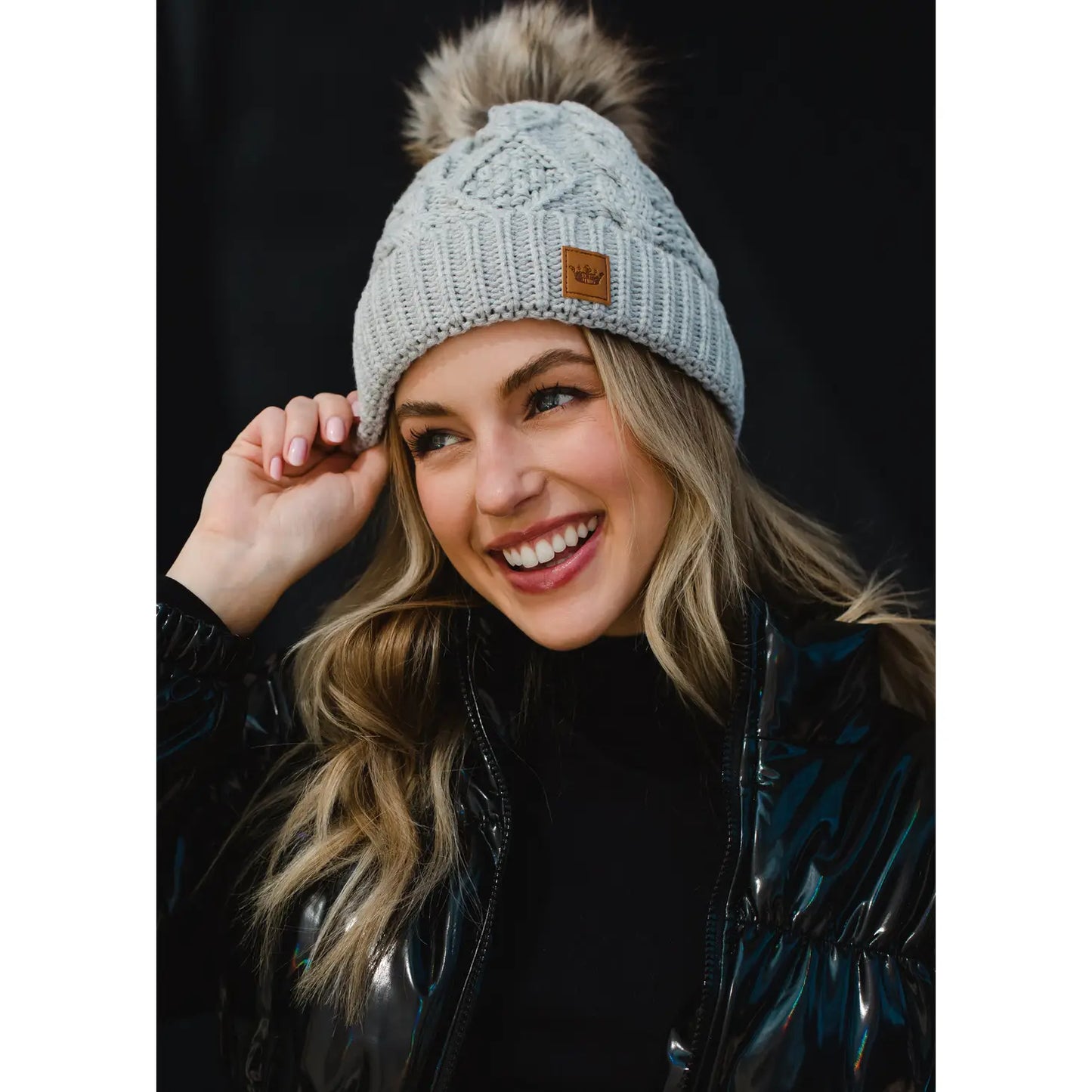 Light Grey Cable Knit Pom Hat