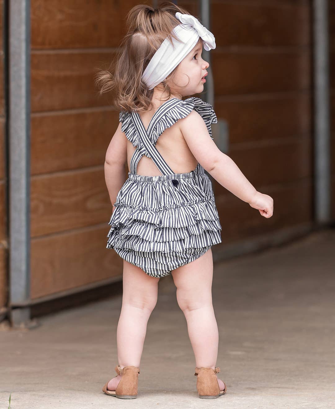 Baby Girls Navy Micro Stripe Woven Pinafore Cross-Back Bubble Romper