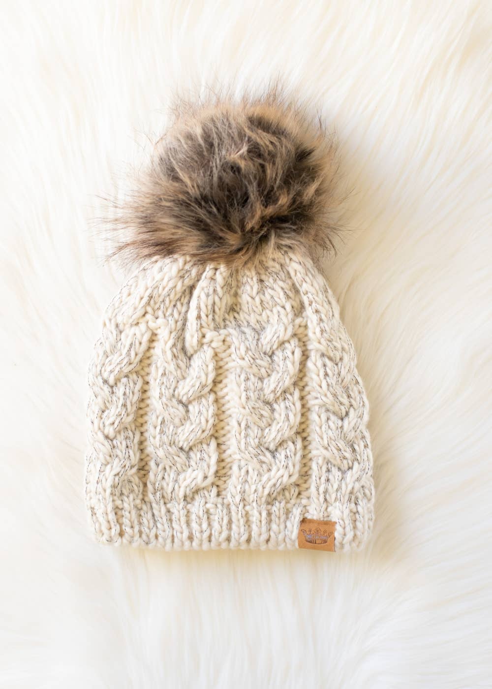 Beige Cable Knit Pom Hat