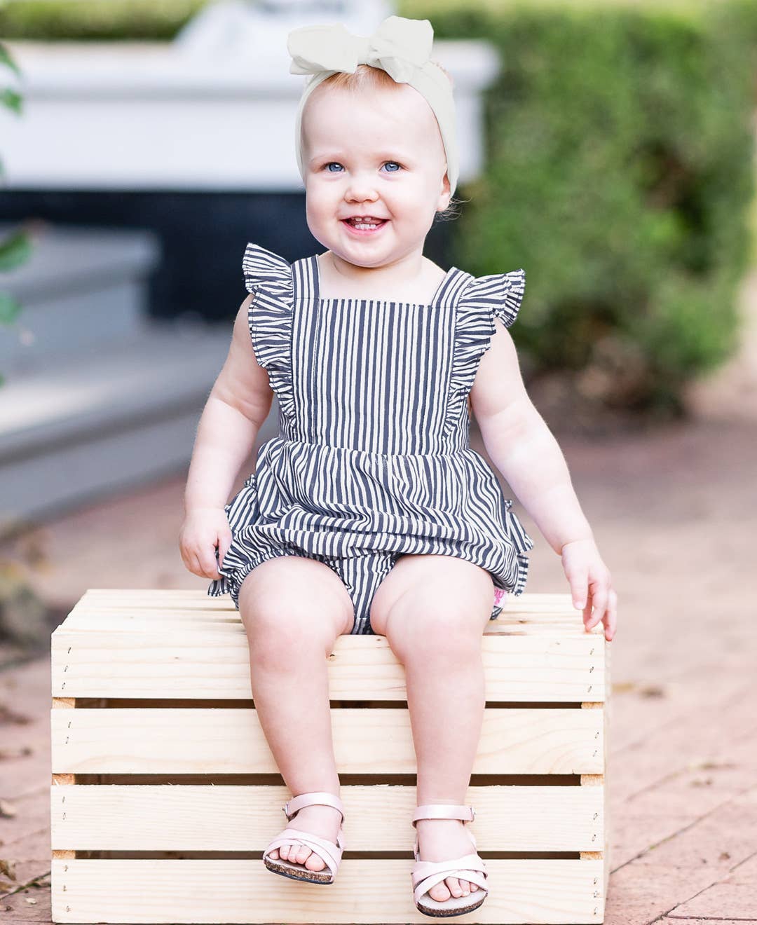 Baby Girls Navy Micro Stripe Woven Pinafore Cross-Back Bubble Romper