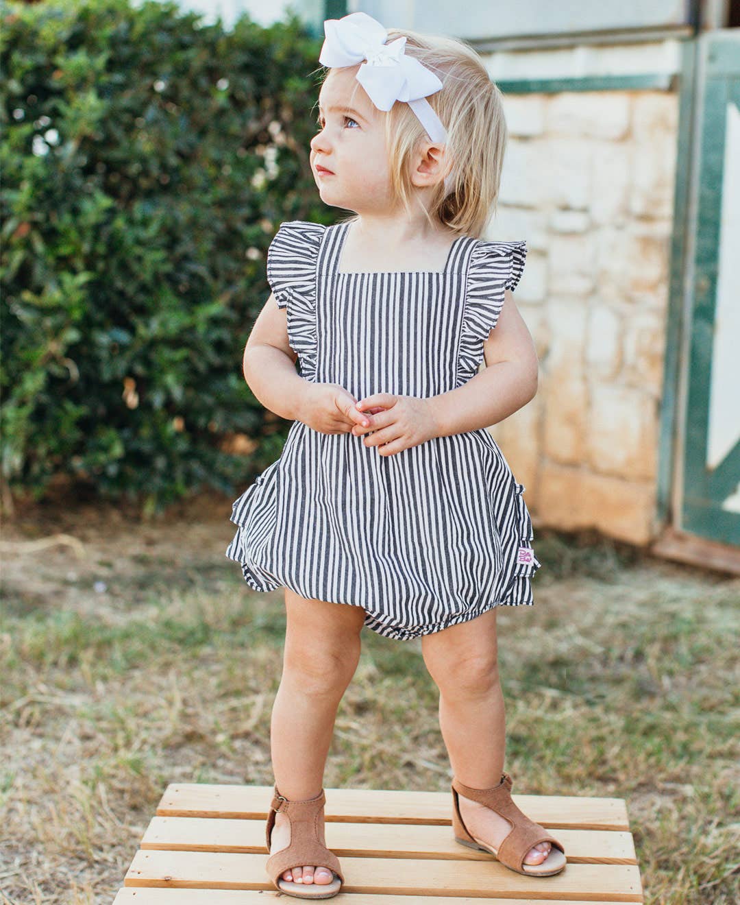 Baby Girls Navy Micro Stripe Woven Pinafore Cross-Back Bubble Romper
