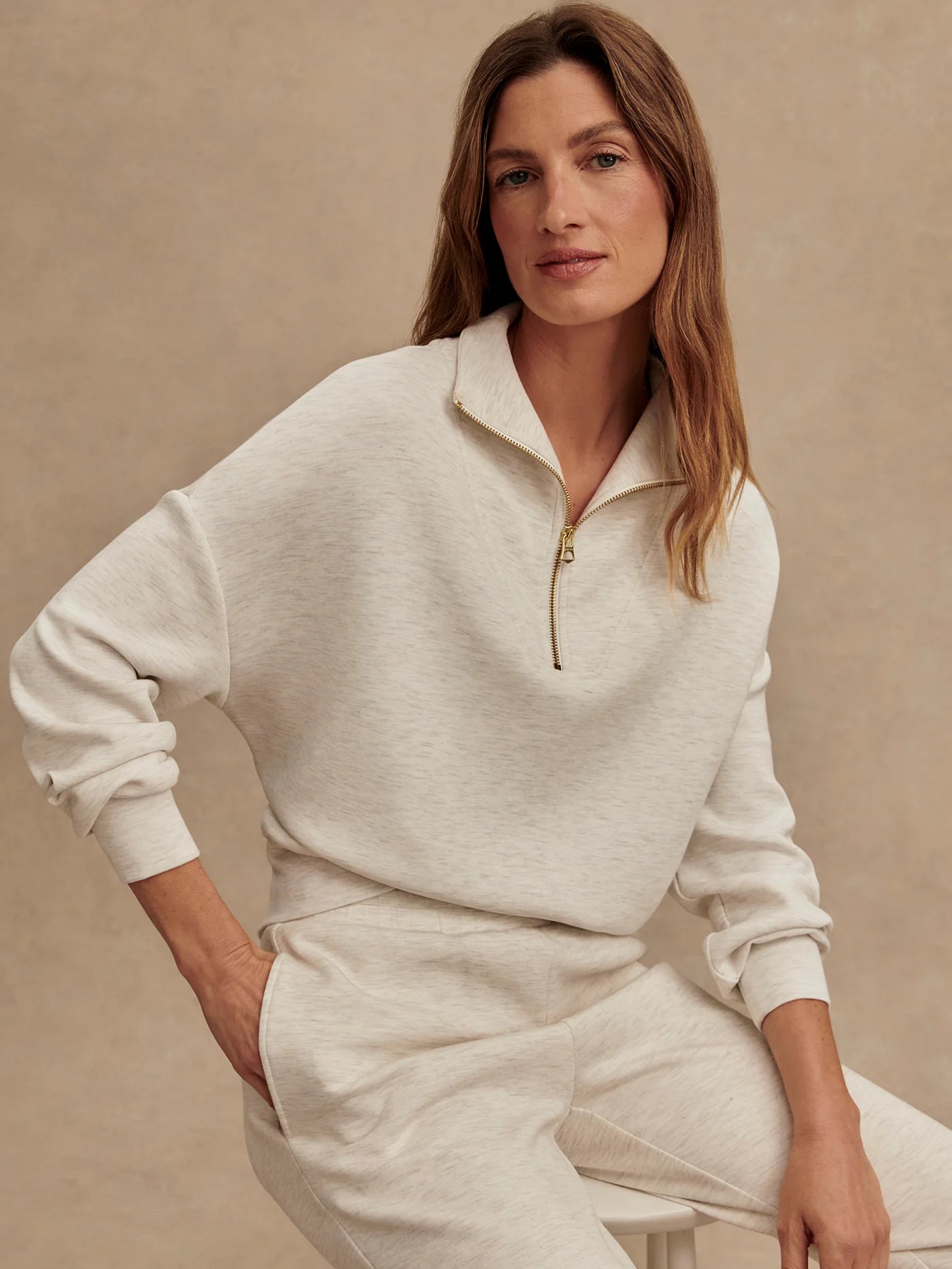 Hawley Half Zip Sweat- Ivory Marl