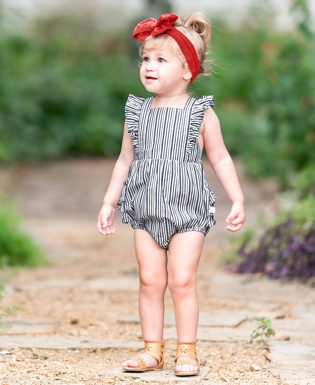 Baby Girls Navy Micro Stripe Woven Pinafore Cross-Back Bubble Romper