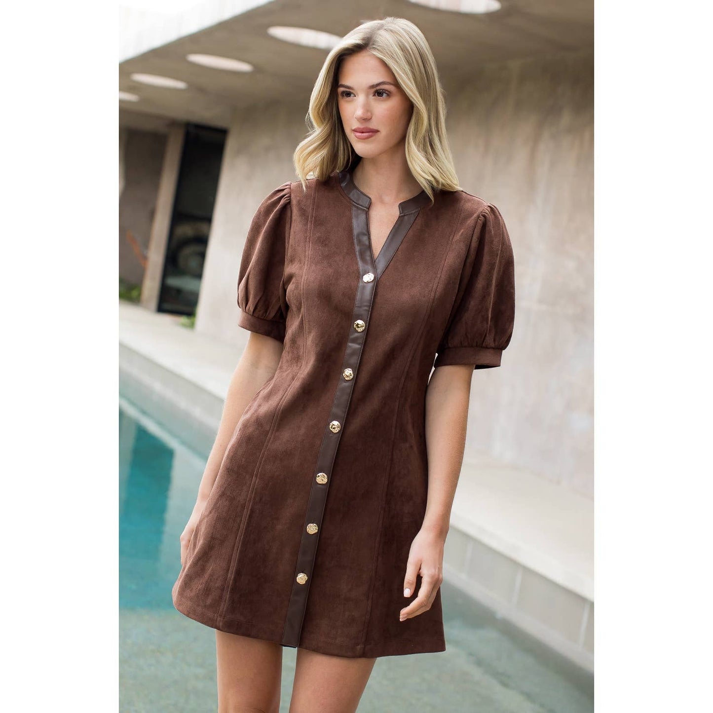 Puff Sleeve V-Neck Button Up Suede Dress