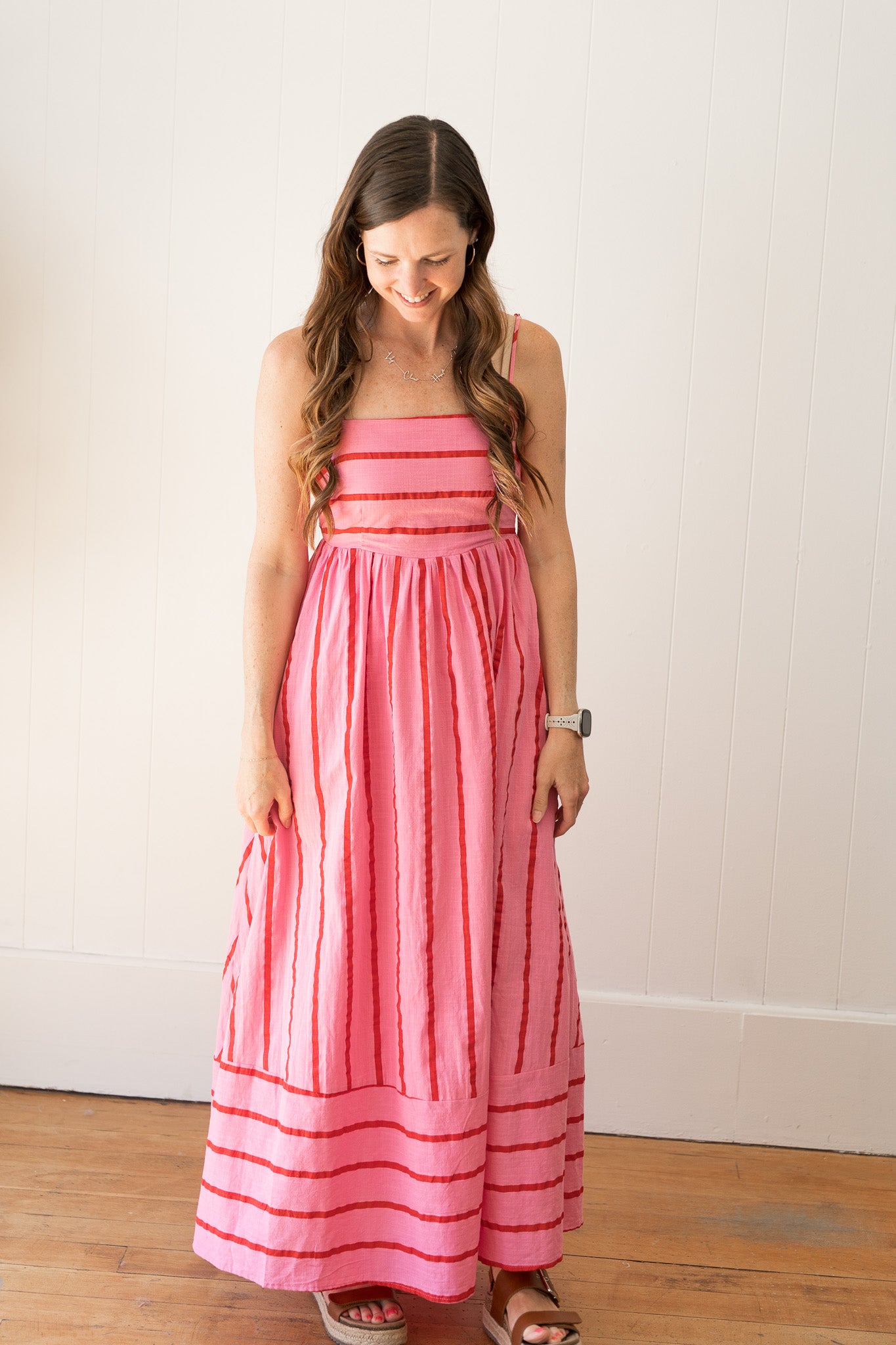 Woven Cotton Striped Square Flare Midi Dress