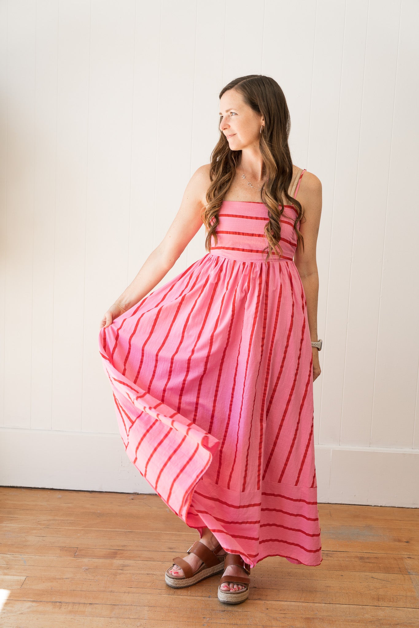 Woven Cotton Striped Square Flare Midi Dress