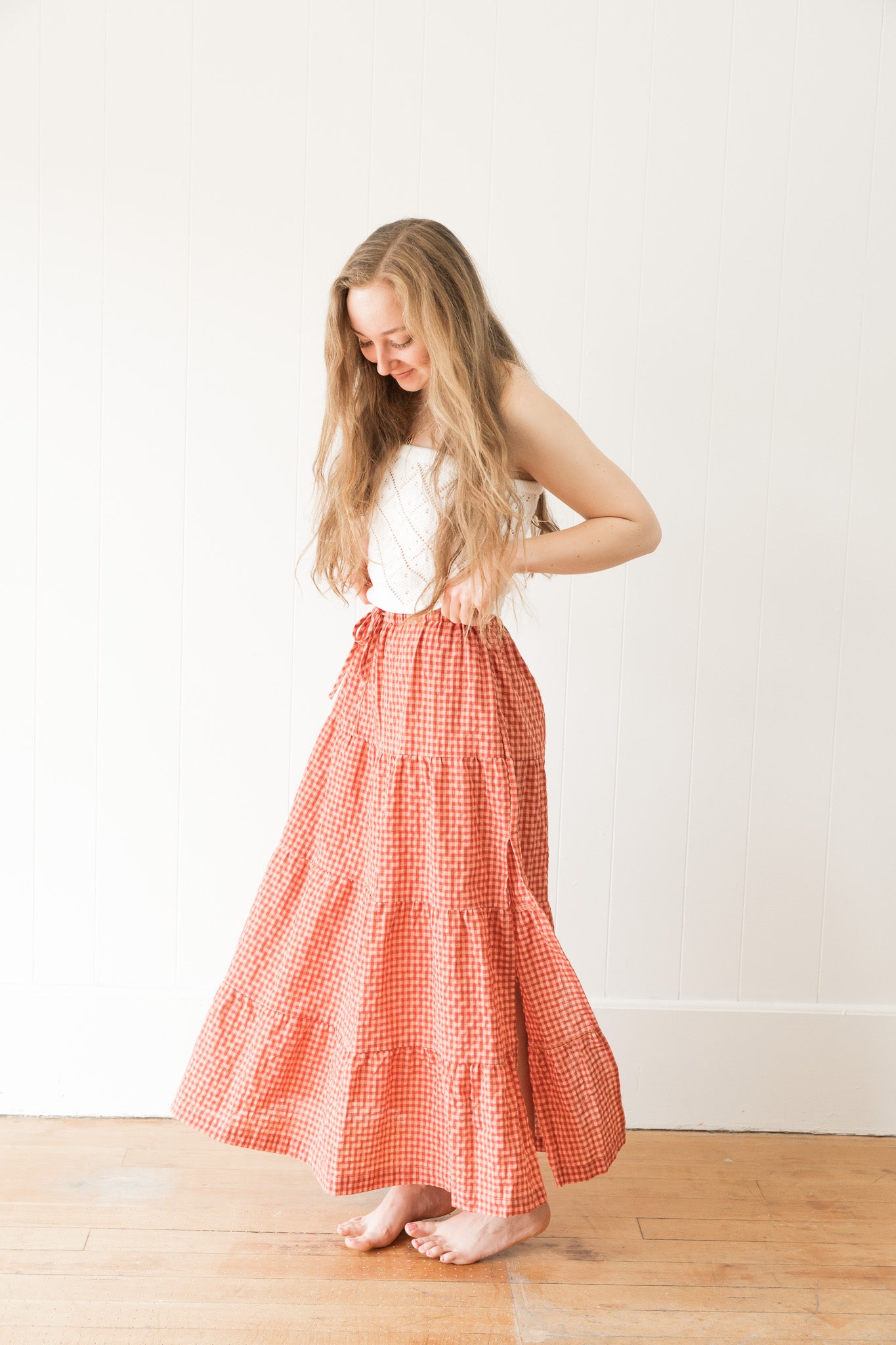 Lola Check Tiered Maxi Skirt Red