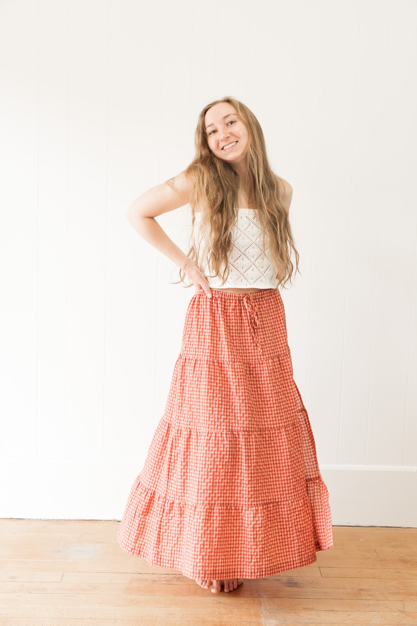 Lola Check Tiered Maxi Skirt Red