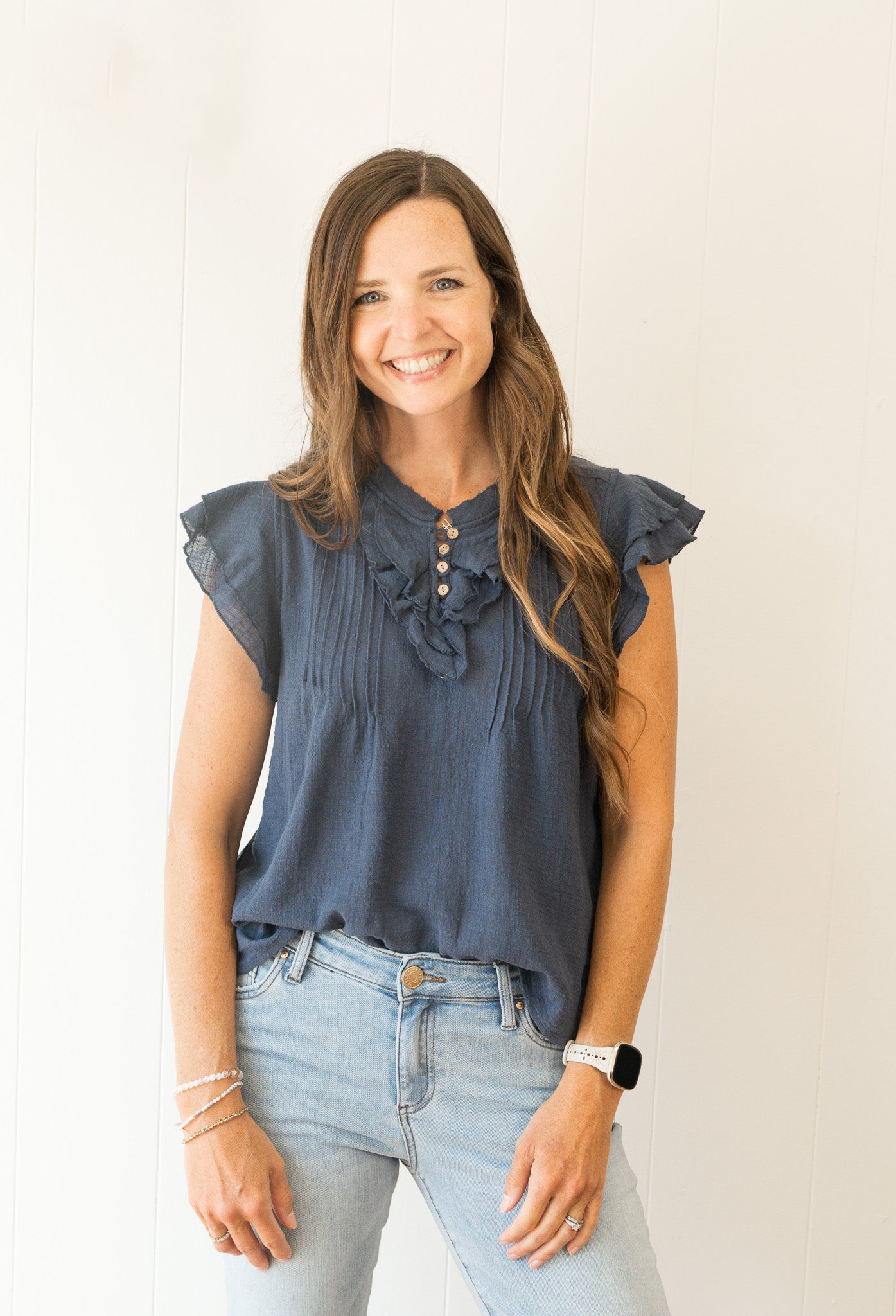 Button V-Neck Short Sleeve Top