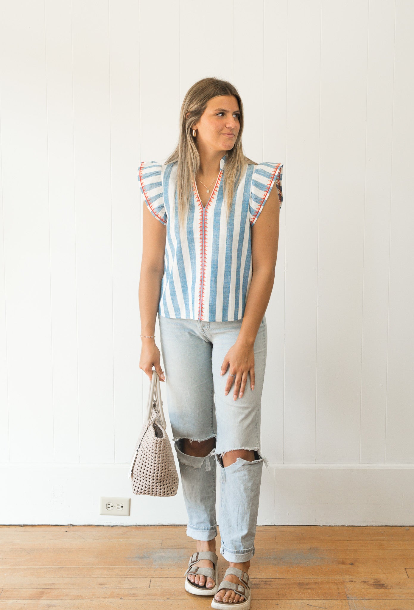 Flutter Sleeve Striped V-Neck Top
