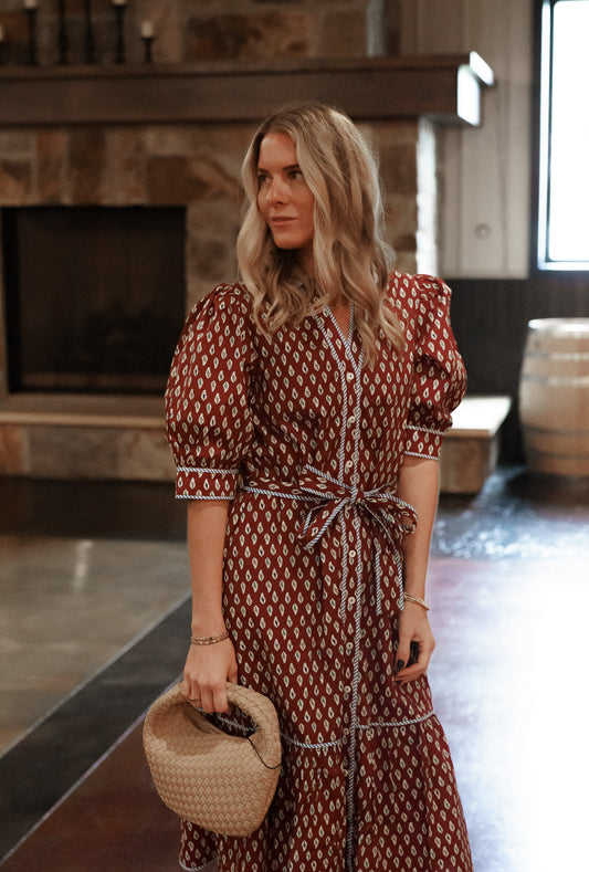 Puff Sleeve Print Midi Dress