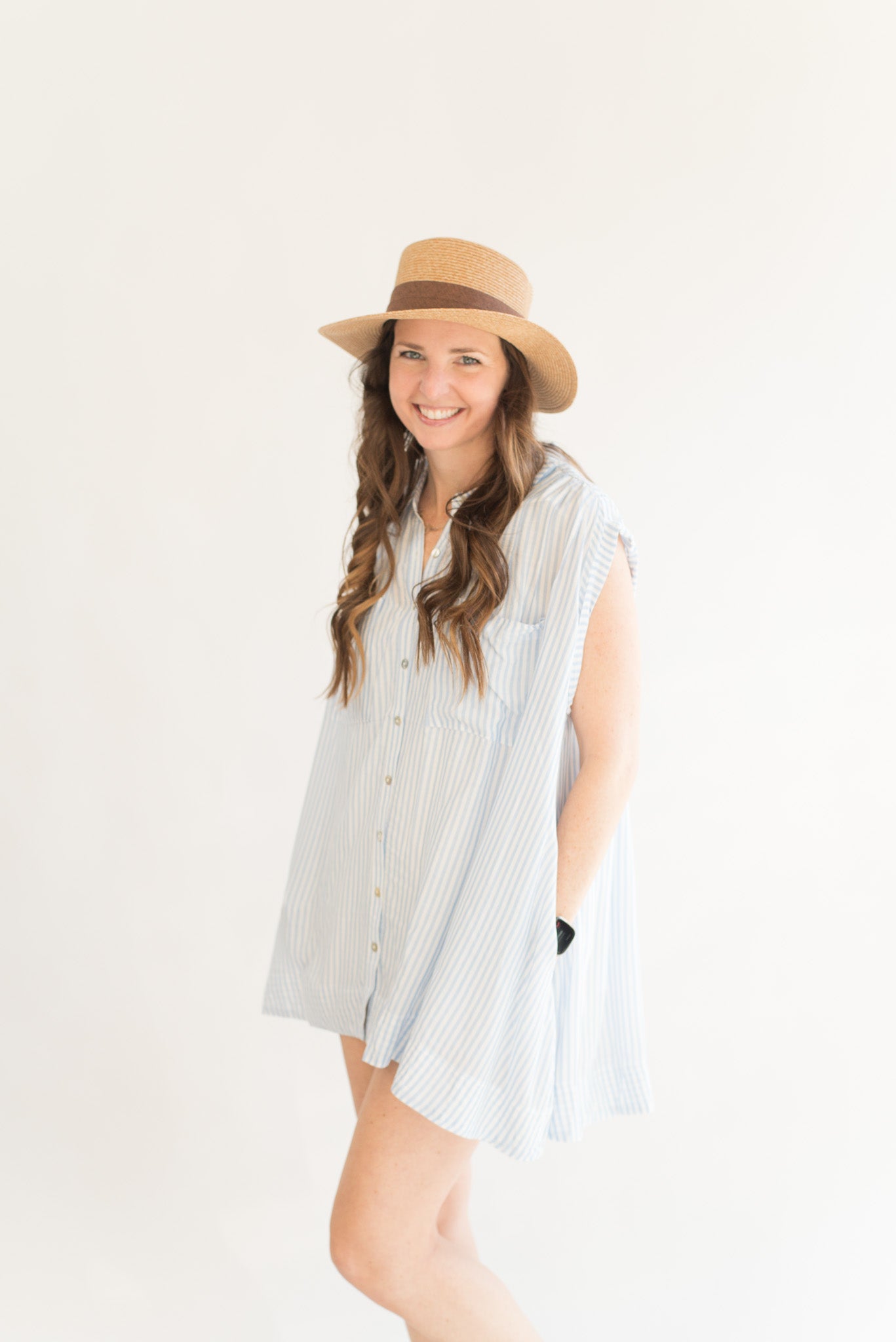 Cotton Striped Button Down Sleeveless Tunic Top