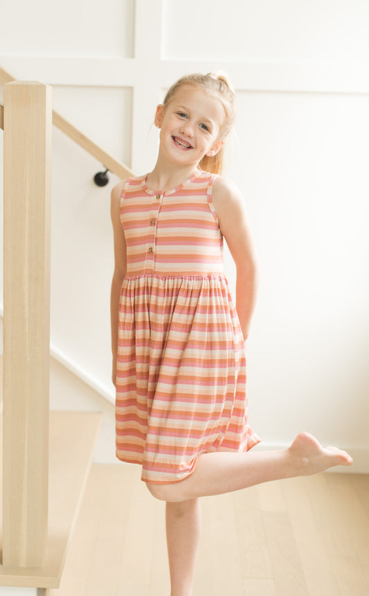 Girl's Henley Tank Dress- Tropical Stripe