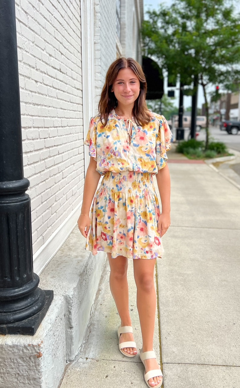 Lana Flutter Sleeve Dress- Watercolor