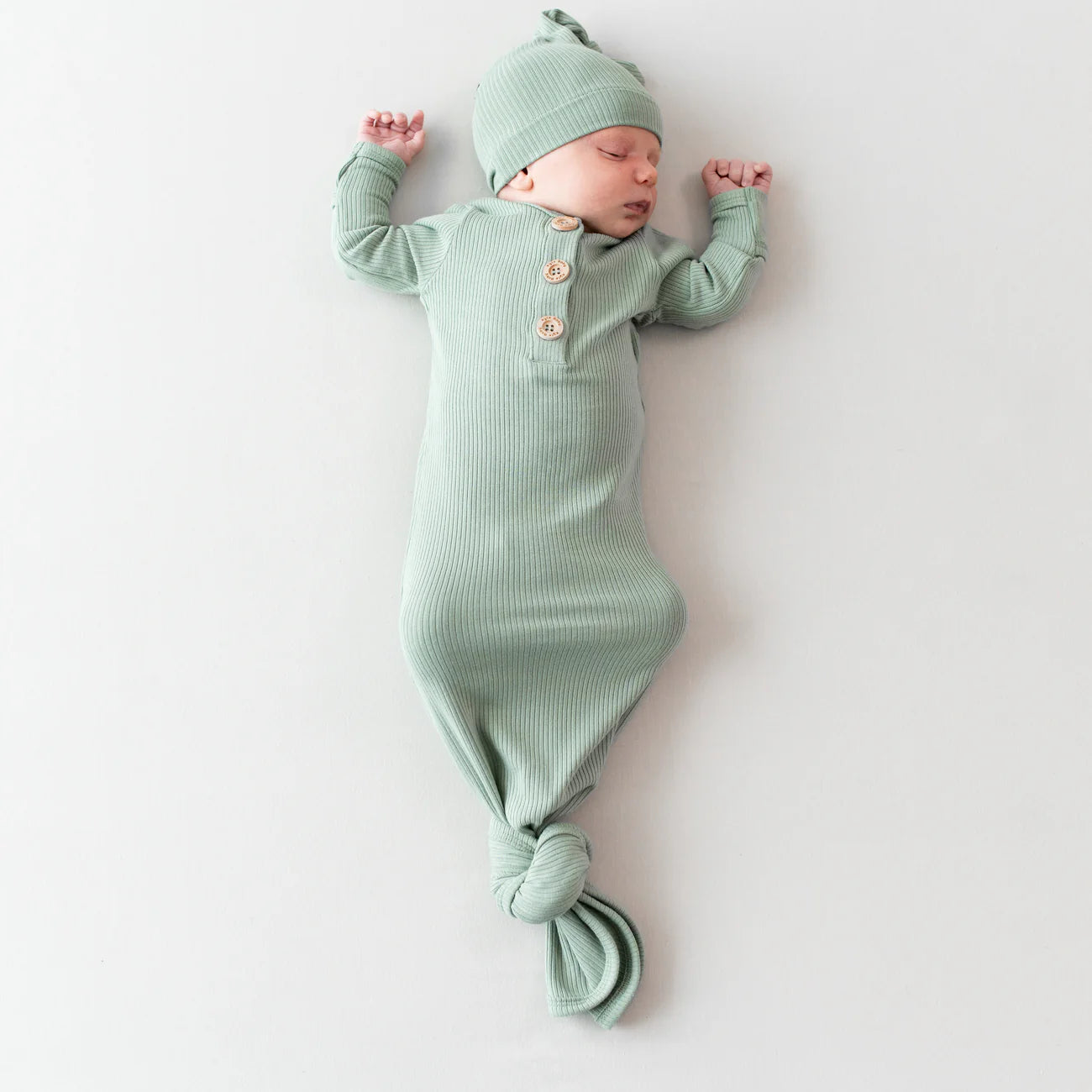 Ribbed Knotted Gown with Hat Set- Thyme