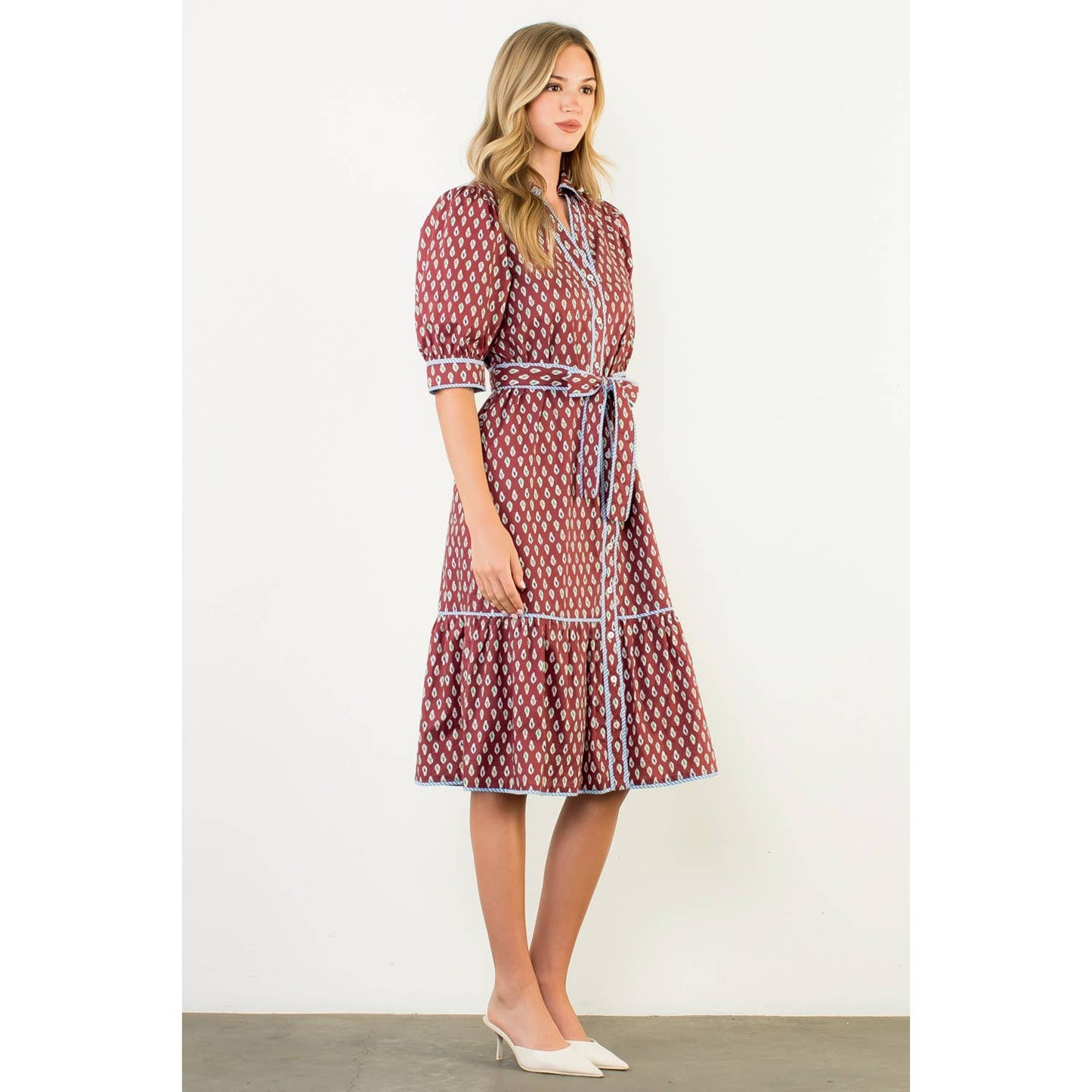 Puff Sleeve Print Midi Dress