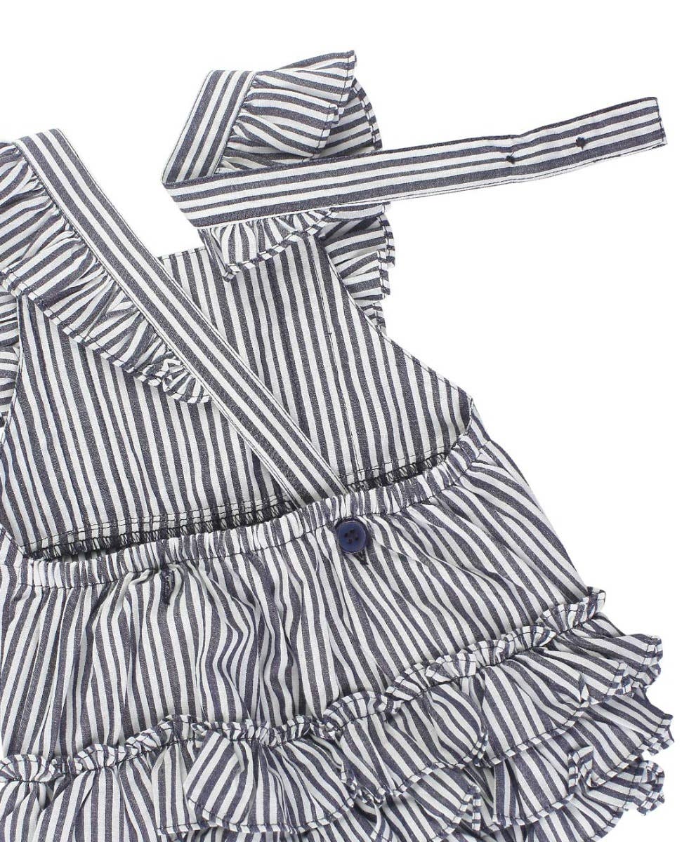 Baby Girls Navy Micro Stripe Woven Pinafore Cross-Back Bubble Romper