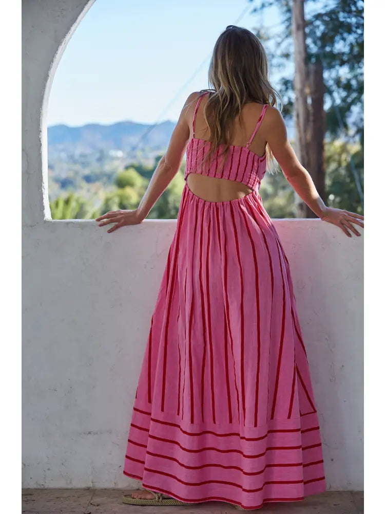 Woven Cotton Striped Square Flare Midi Dress