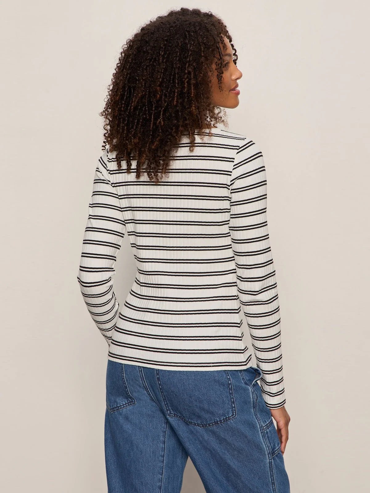 Button Front Ribbed Top Chalk/Black Stripe