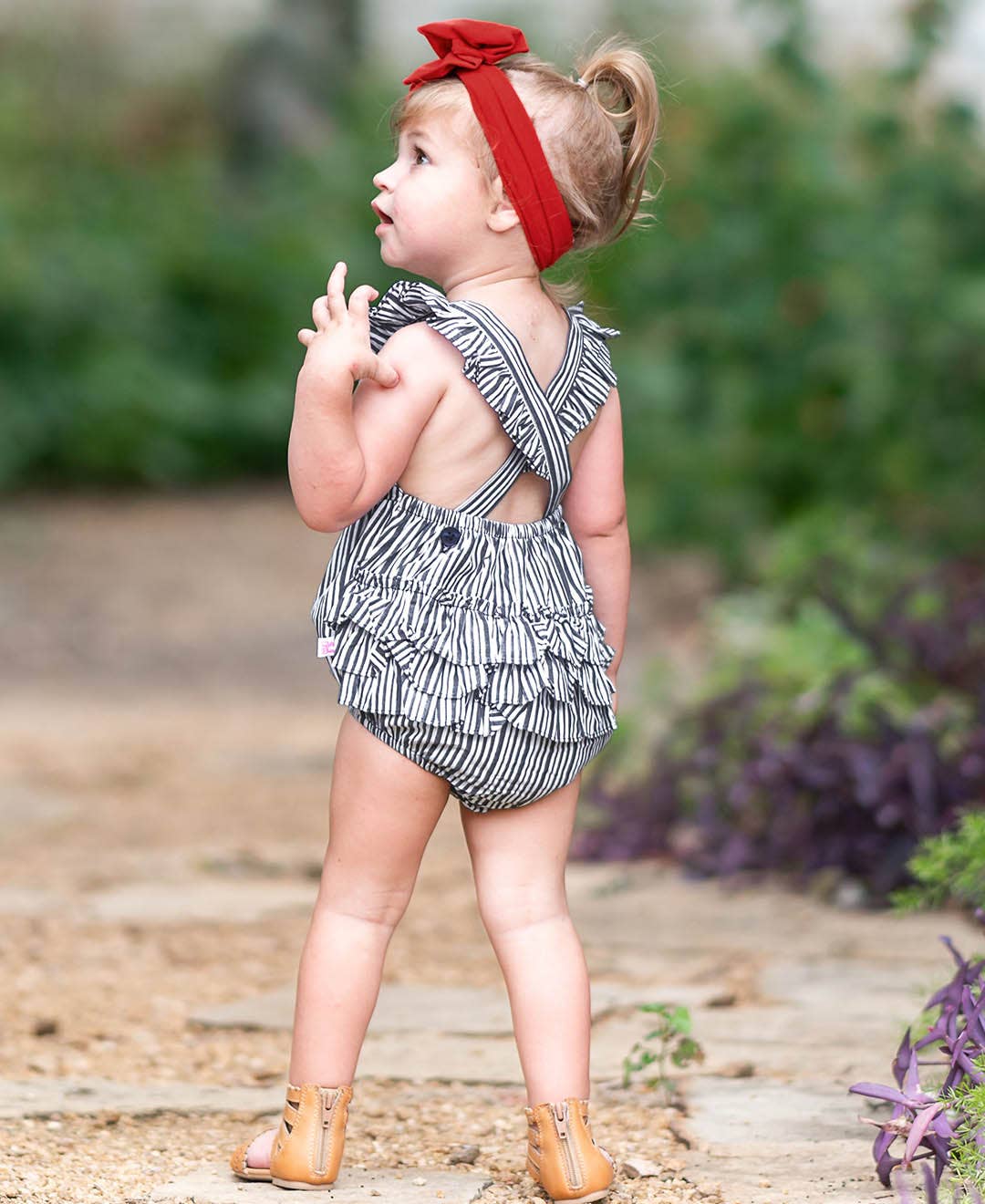Baby Girls Navy Micro Stripe Woven Pinafore Cross-Back Bubble Romper