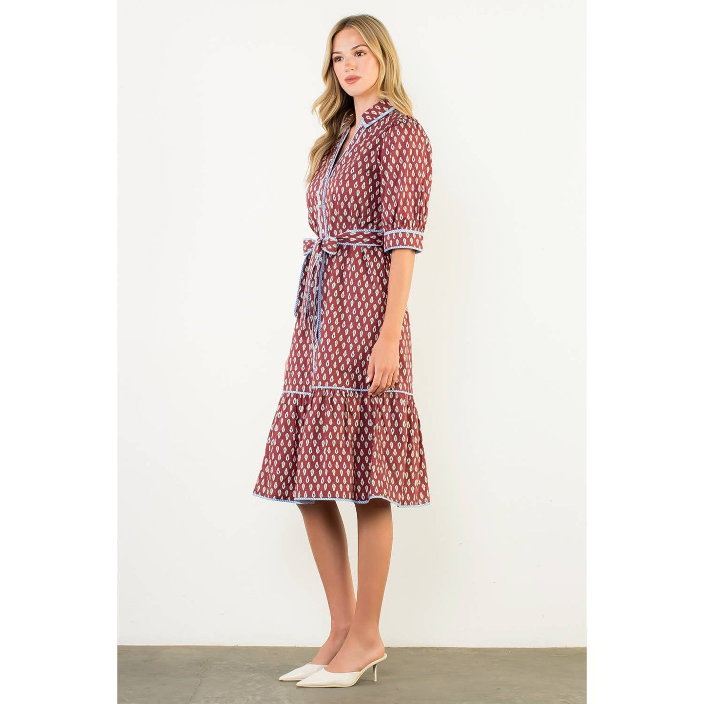Puff Sleeve Print Midi Dress