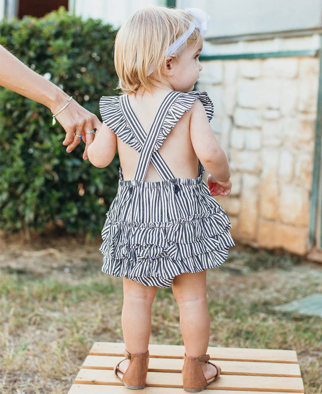 Baby Girls Navy Micro Stripe Woven Pinafore Cross-Back Bubble Romper