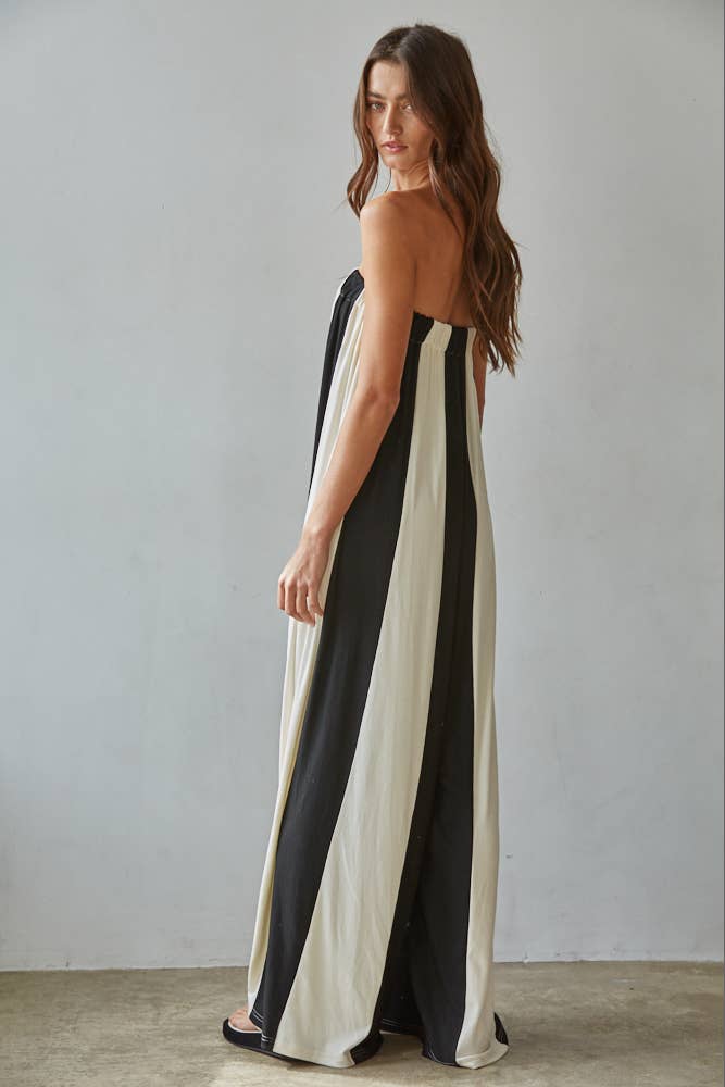 Striped Tube Wide Leg Jumpsuit- Black