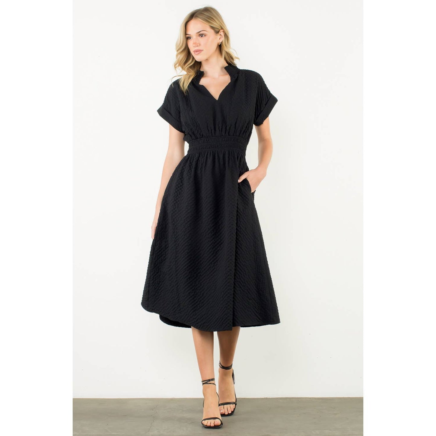 Textured Split Neck Smocked Waist Dress