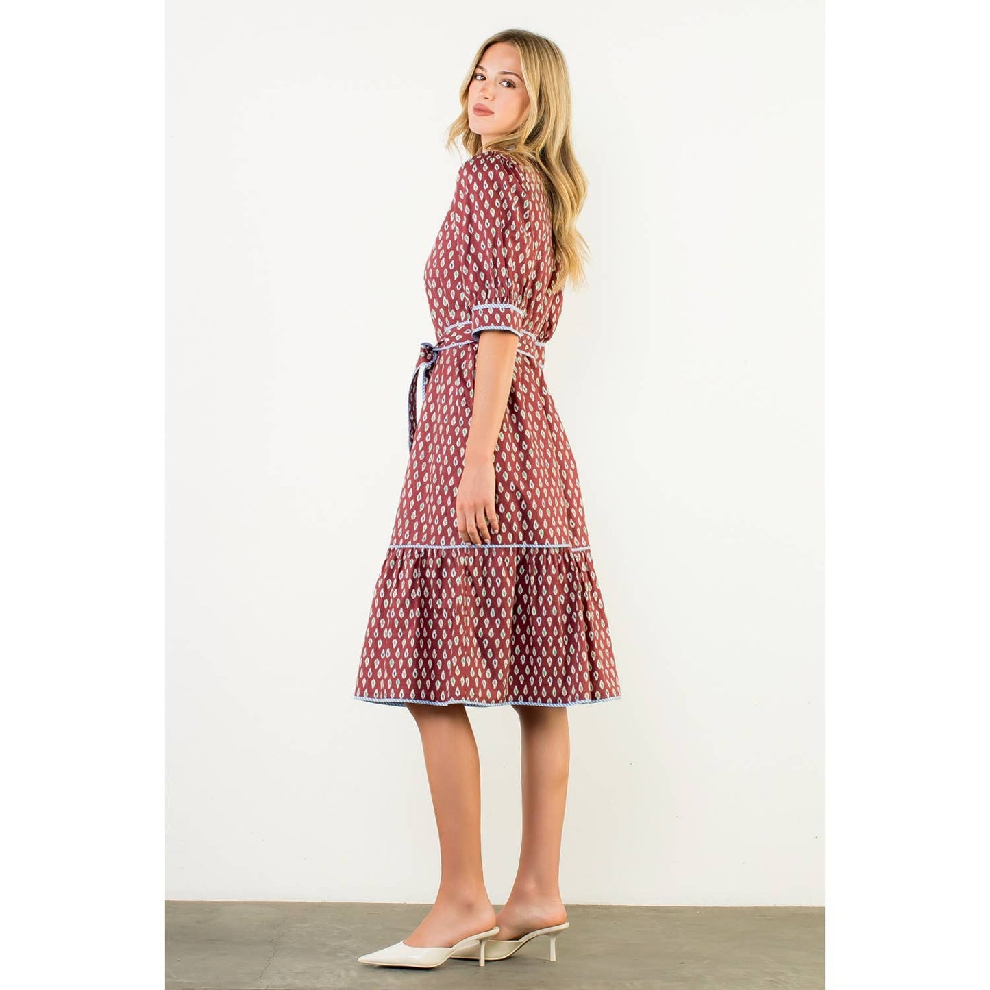 Puff Sleeve Print Midi Dress
