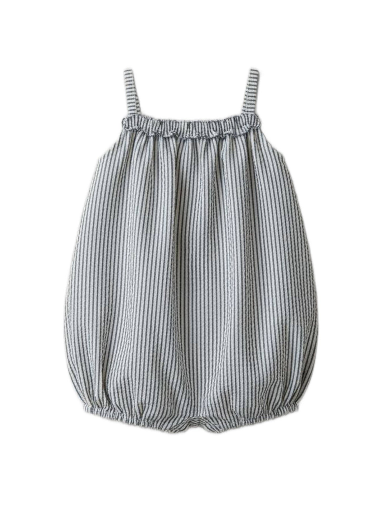 Rosalie Seersucker Ruffle Bubble Romper - Shore Stripe / Sea