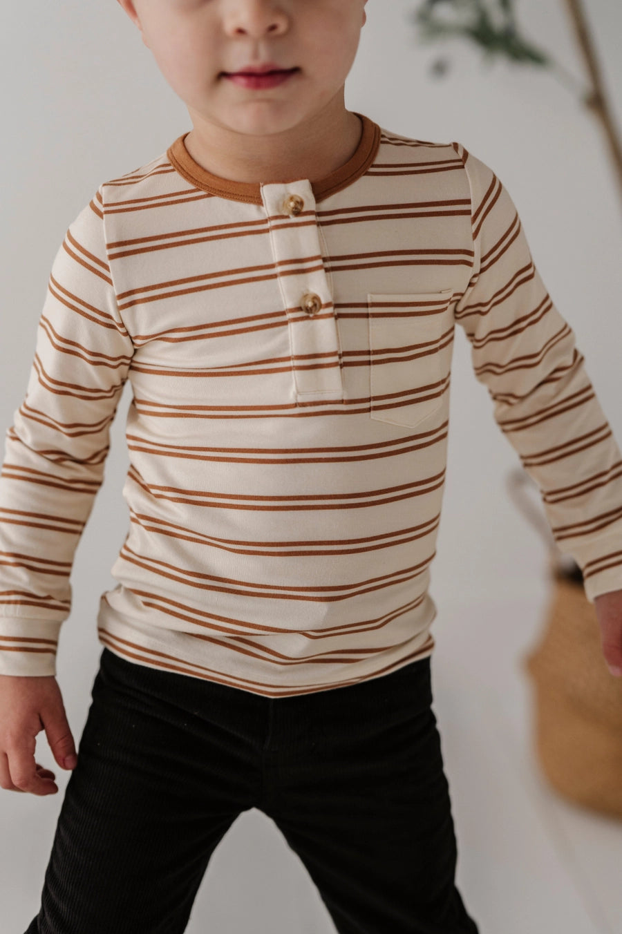 Long Sleeve Henley Shirt- Toffee Stripe