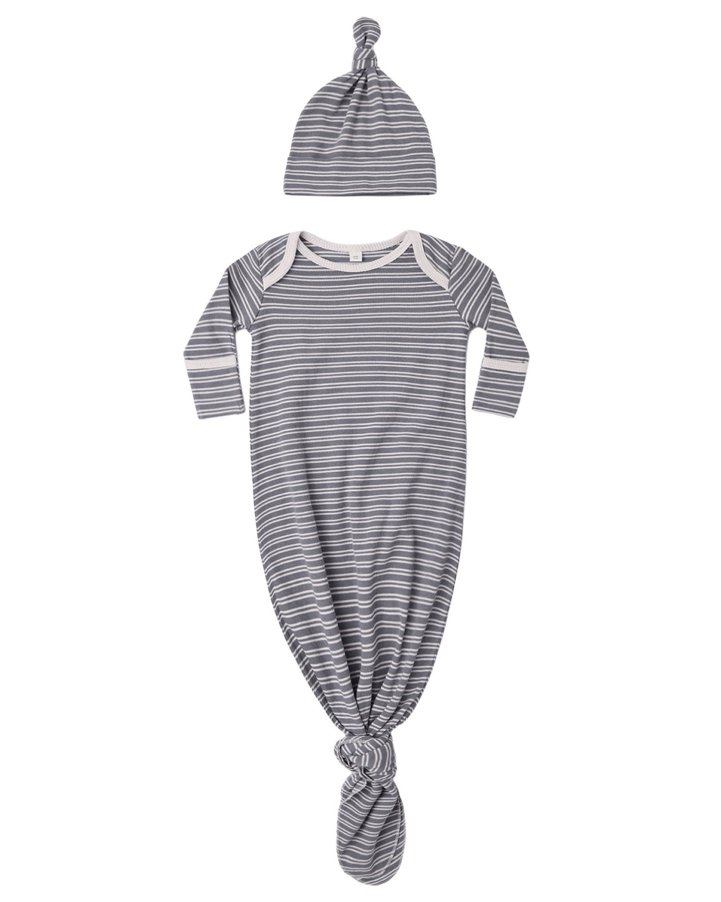 Knotted Baby Gown and Hat Set- Slate Microstripe- OS