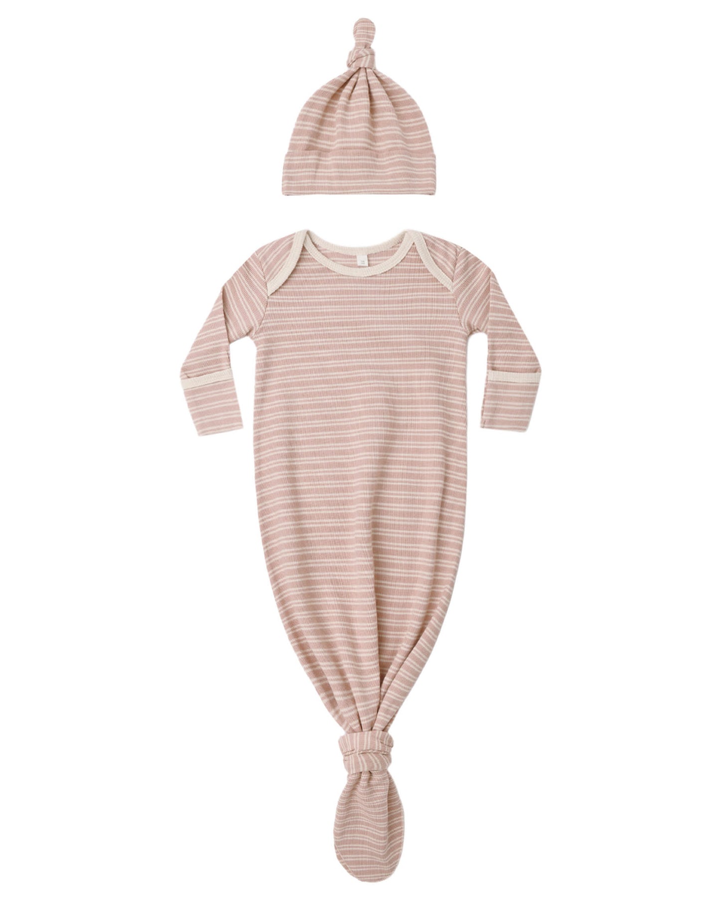 Knotted Baby Gown and Hat Set- Dusty Rose Microstripe- OS