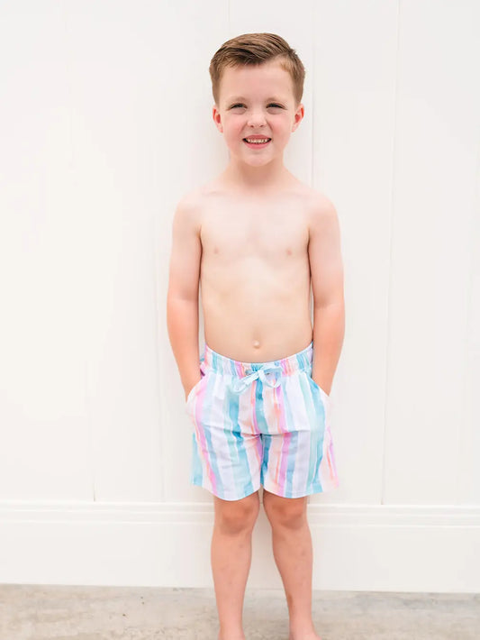 Boy Swim Shorts in Watercolor Stripe - Lulie