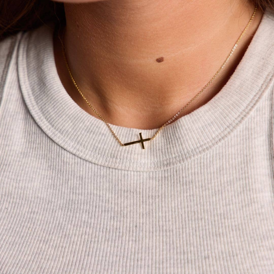 Gold Waterproof Sideways Cross Necklace