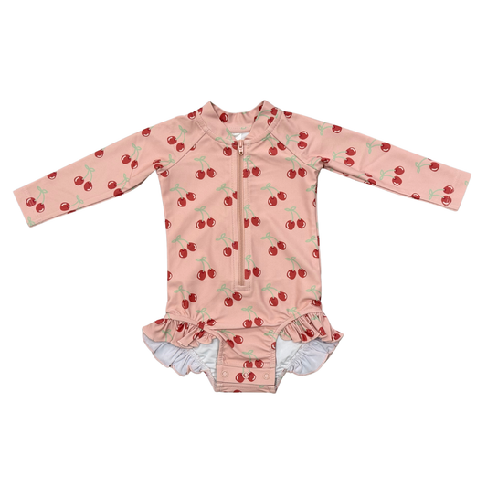Ruffle Rash Guard Swimsuit- Cherries