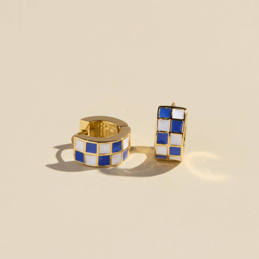 Blue & White Checkered Enamel Huggie Earrings