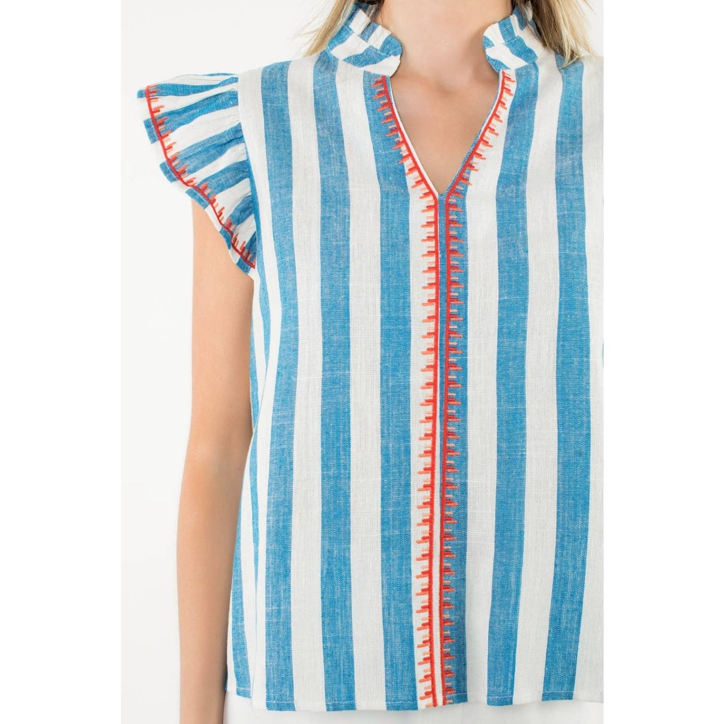 Flutter Sleeve Striped V-Neck Top