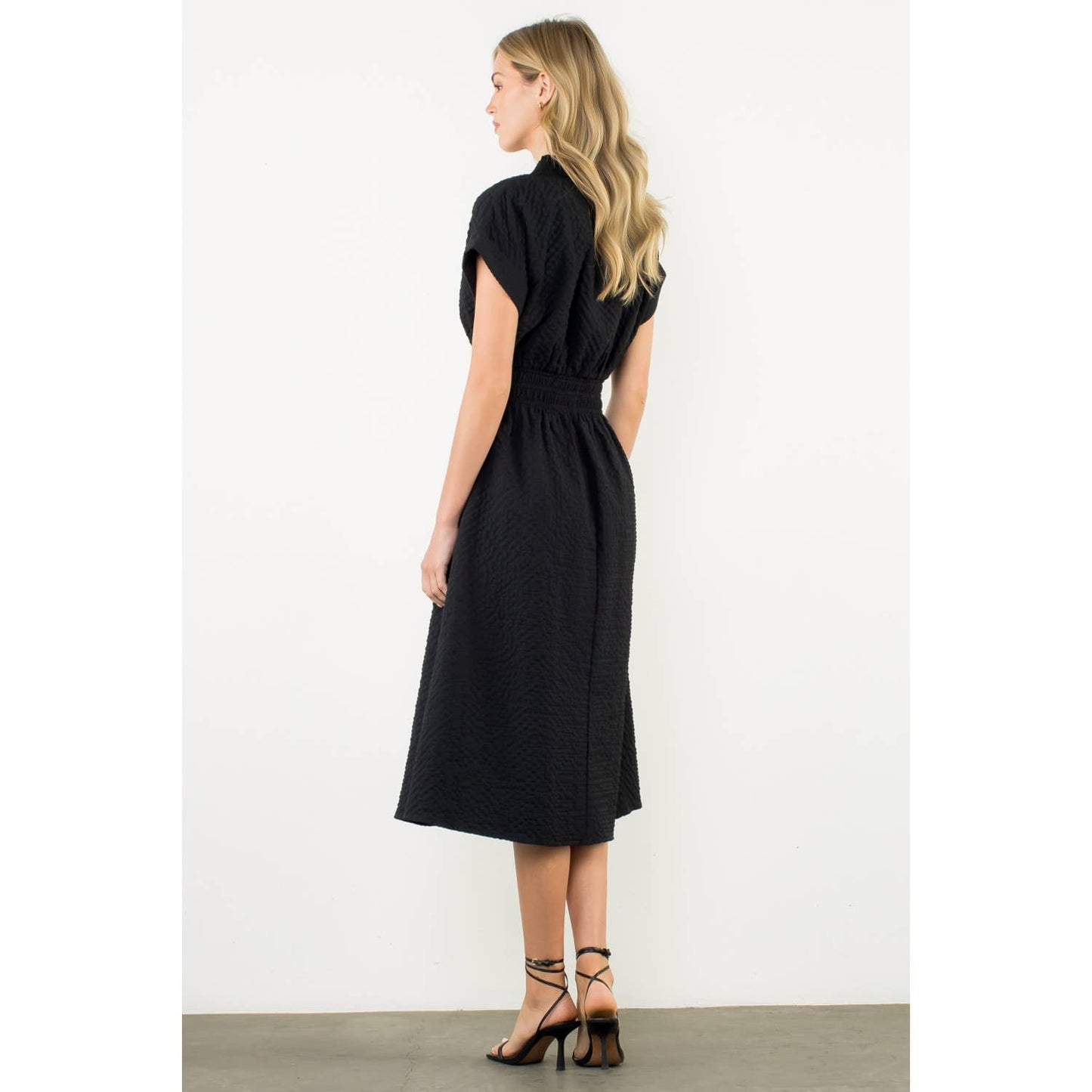 Textured Split Neck Smocked Waist Dress