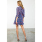 Blue Flower Print Flutter Sleeve Dress
