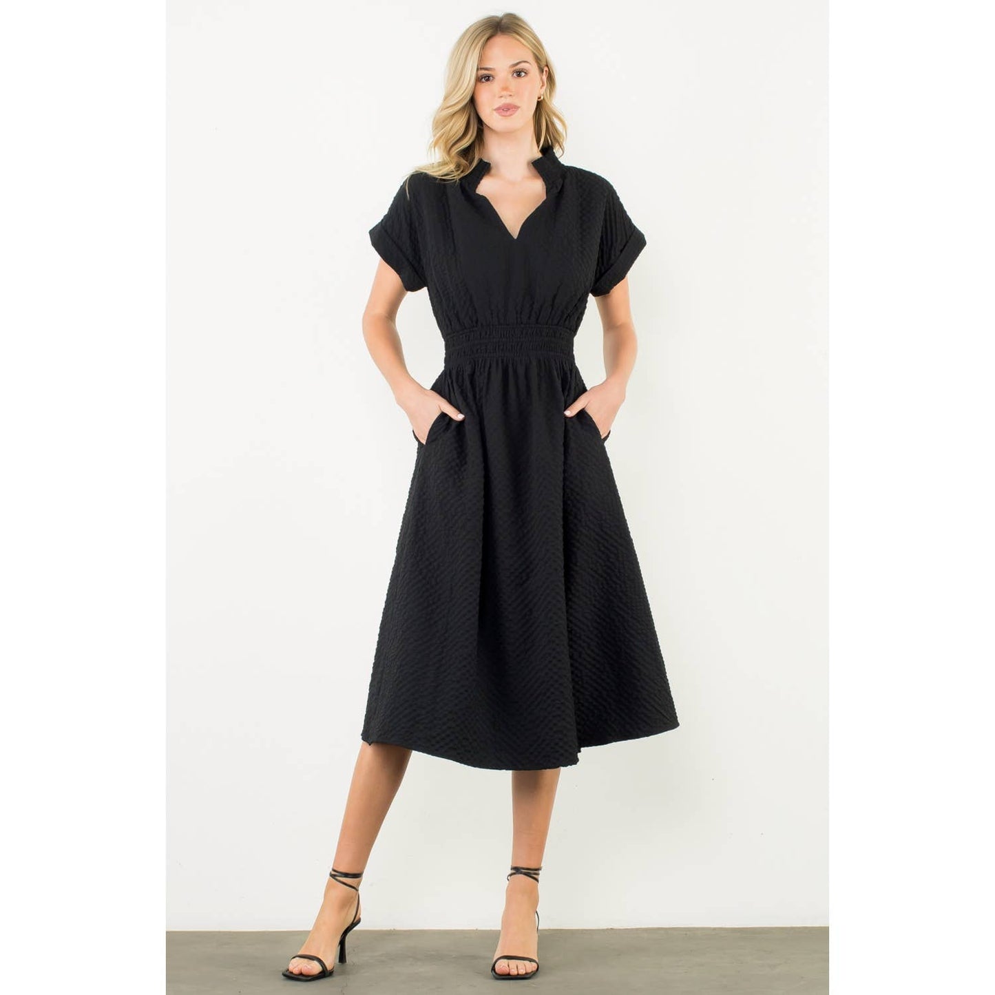 Textured Split Neck Smocked Waist Dress